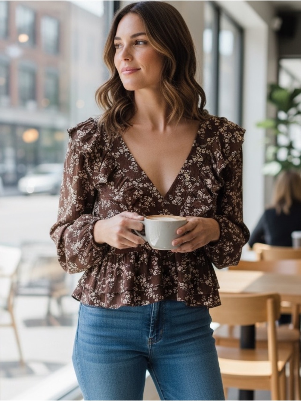 Altar'd State Brown Peplum Long Sleeve Ruffle Floral V-Neck Blouse Size S NWT